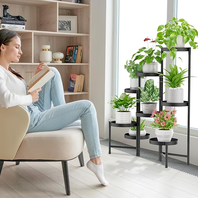 iDavosic.ly Plant Stand Indoor Outdoor, 8 Tier Corner Metal Flower Display Holder Shelf, Folding Tall Orchid Rack for Patio Balcony Porch Garden Living Room House, Black