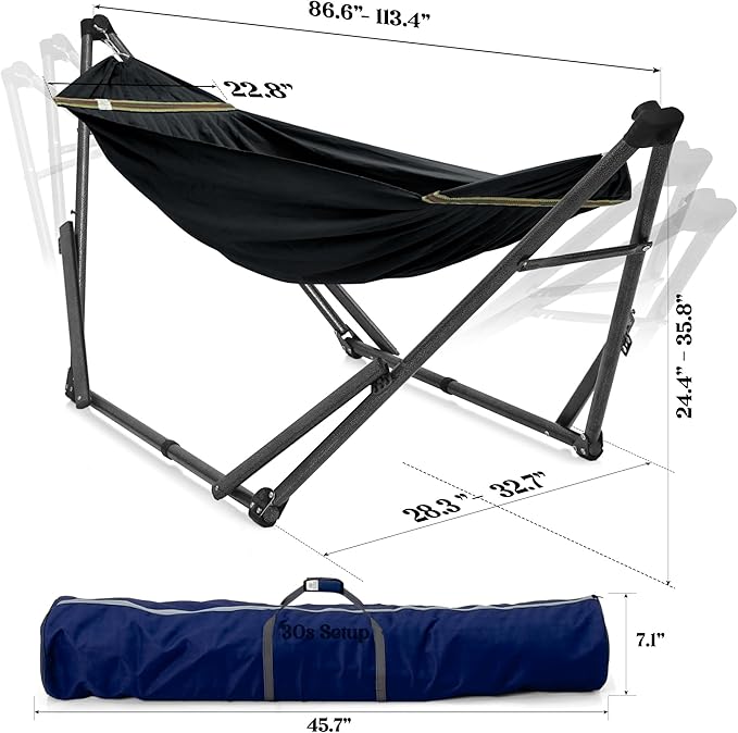 Tranquillo Uniki Collapsible Hammock, Folding Camping Hammock and Stand, 550 lbs Capacity Hammock with Stand, Heavy Duty Folding Hammock for Indoor Outdoor, Black
