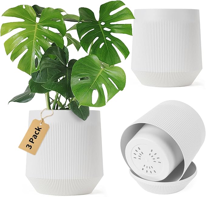 Plant Pots，Set of 3 Plastic Pots for Indoor Plants,Flower Pots Outdoor Planters with Drainage Hole and Seamless Saucer,White