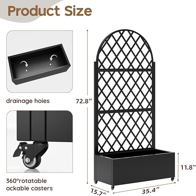 Metal Raised Garden Bed with Trellis & Wheels,70" x 35"x 15.7" Planter Box with Trellis,Privacy Planters for Patio,Garden Bed for Climbing Plants,Suitable for Climbing Plants and Vegetables,Black