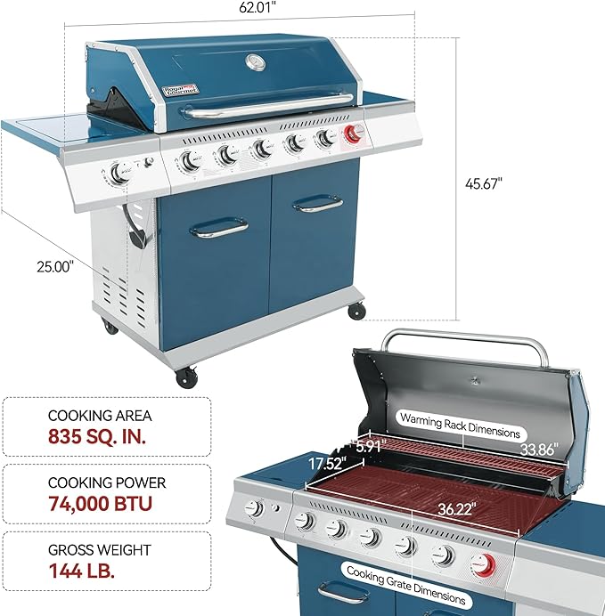 Royal Gourmet GA6402B 6 Burner Propane Gas Grill with Side Burner and Warming Rack, 74,000 BTUs, Cabinet Style Gas BBQ Grill for Barbecue Grilling & Backyard Cooking, Blue