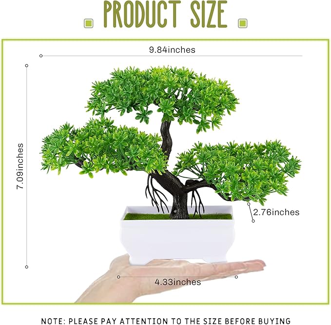 Mini Artificial Bonsai Tree Plants with Plastic Cement Pots for Home Office Décor (Green)