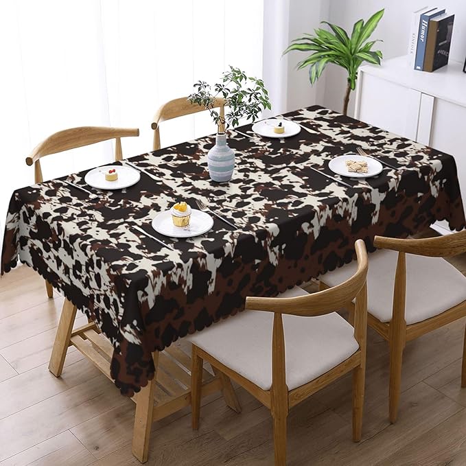 Cow Fur Table Cloth for Rectangle Dining Tables, Reusable Beige Brown Cowhide Tablecloths Decoration Western Farm Animal Fur Cow Skin Brown Table Cover for Kitchen,Holiday,Party, 54x72 Inch