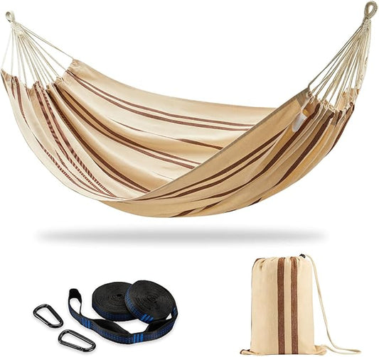 Brazilian Double Hammock with Tree Straps,Extra Large 94x63IN,2 Persons Hammock for Backyard Patio Outdoor and Indoor,450lbs Weight Capacity,Soft Woven Cotton Fabric - Beige Brown Stripe