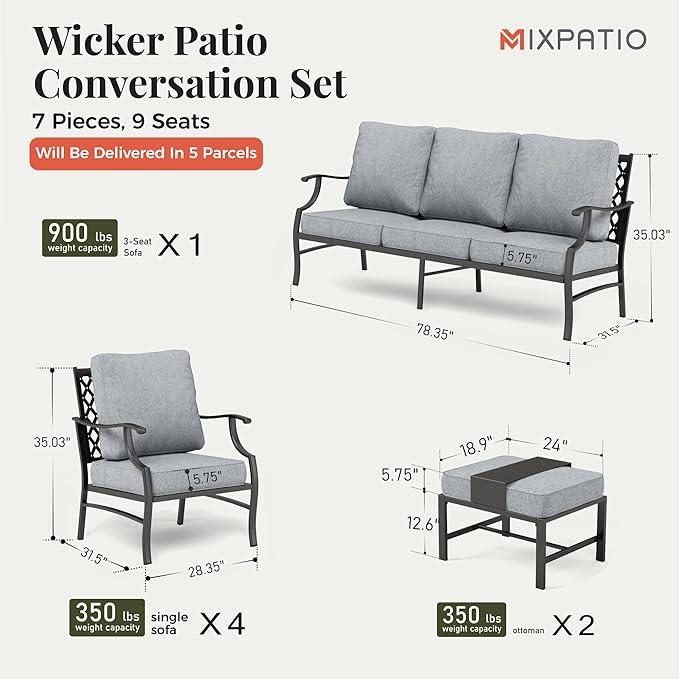 Patio Furniture Set 7 pcs, Outdoor Patio Furniture, 3-Seat Sofa, 4 Single Chairs, 2 Ottomans and 5.75" Extra Thick Cushion, Patio Conversation Set for Garden Backyard Deck,Grey
