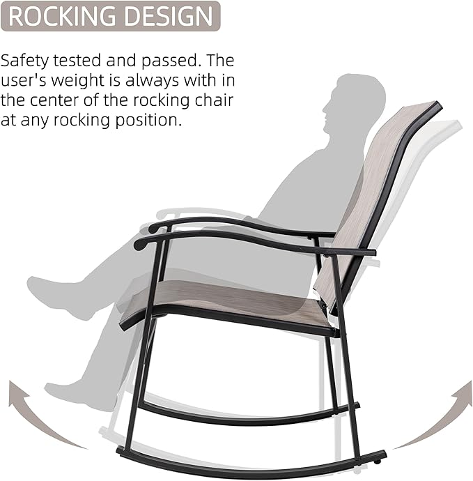 Vongrasig 3 Piece Outdoor Rocking Bistro Set, Textilene Fabric Small Patio Furniture Set, Front Porch Rocker Chairs Conversation Set with Glass Table for Lawn, Garden, Balcony, Poolside (Taupe)