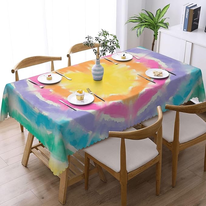 Colorful Rainbow Tie Dye Heart Table Cloth for Dining Tables, Colored Heart Rectangle Tablecloths Home Kitchen Tabletop Decoration Reusable Table Cover for Holiday,Party,Picnic, 54x72Inch