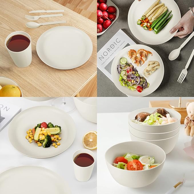 Wheat Straw Dinnerware Sets - 24 pcs Lightweight Bowls Unbreakable Dish Set Dishwasher Microwave Safe Wheat Straw Cups Cutlery Plates and Bowls Set for 4 Suitable for Camping Party Grill（White）