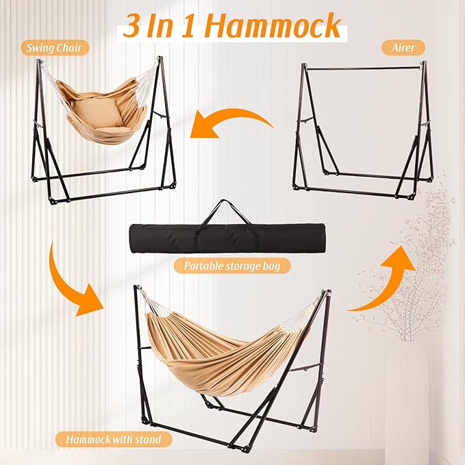Multifunctional Hammock with Foldable Steel Stand,Swinging Chair,Adjustable,Airer,Carrying Bag Included, 616 lbs Weight Capacity, Portable Suitable for Outside Garden Yard Outdoor Inhouse Ecru ﻿ ﻿