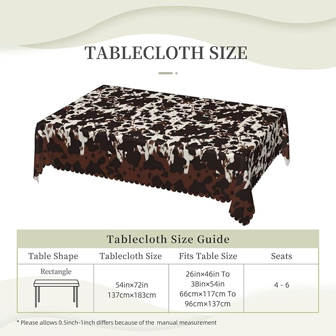 Cow Fur Table Cloth for Rectangle Dining Tables, Reusable Beige Brown Cowhide Tablecloths Decoration Western Farm Animal Fur Cow Skin Brown Table Cover for Kitchen,Holiday,Party, 54x72 Inch