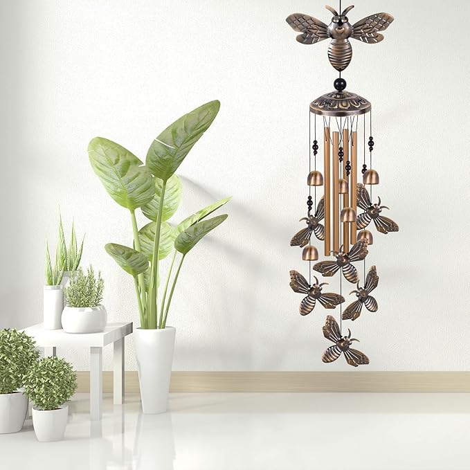 Bronze Bee Wind Chimes - Garden, Home & Patio, Balconies, Room, Indoor, Outdoor Decoration, Bee Decor, Outdoor Bees Wind Catcher, Memorial Wind Bells Gifts for Mom & Women