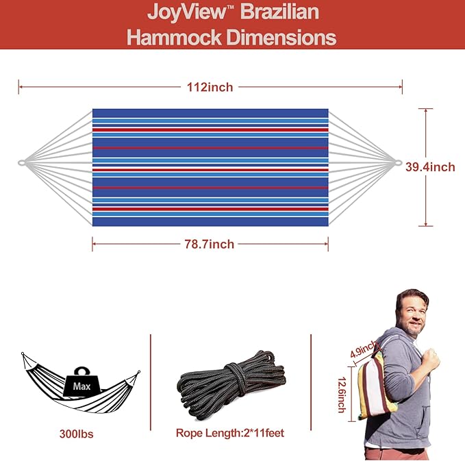 JoyView Brazilian Hammock for Single Person - Portable Cotton Hammock with Hanging Ropes & Carry Bag - 78.8x39.4' - 300LBS Capacity - Perfect for Outdoor/Indoor - Blue Stripe