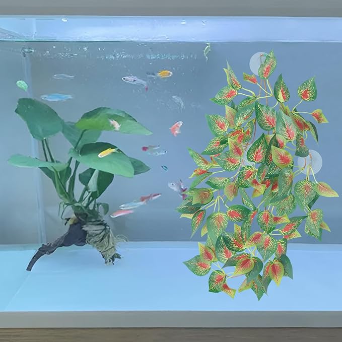 Aquarium Decorations Plants Artificial Fake Plastic Water Grass Plants for Fish Tank Aquarium Decor Artificial Hanging Plants (Red Inside Leaves, 20INCH)