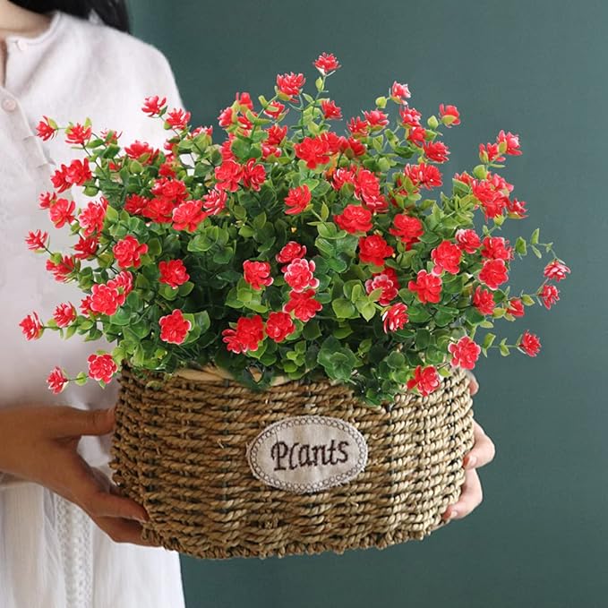 RECUTMS 12 Bundles Artificial Plants Artificial Eucalyptus Front Porch Decor Faux Spring Flowers, Fake Indoor Outdoor Greenery for Wedding Party Home Garden Fireplace Décor(Red)