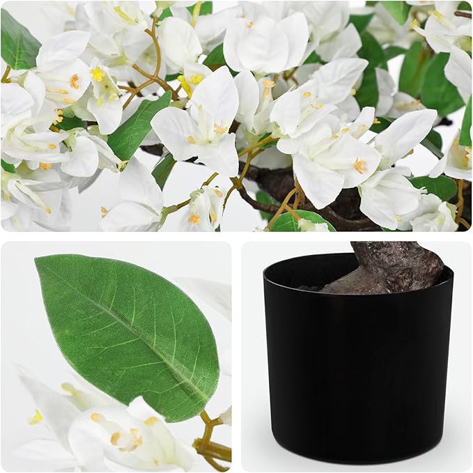 Briful Artificial Bougainvillea Flower Plant 20.8" Bougainvillea Bonsai Tree with Black Pot Silk Bougainvillea Floral Centerpiece for Home Office Room Table Shelf Mantle Decor(White)