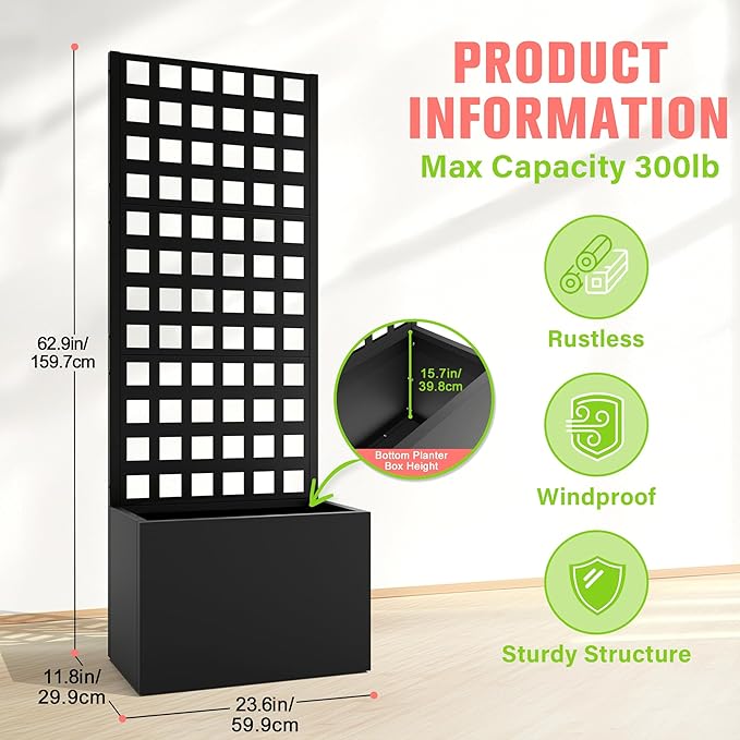 Metal Planter Box with Trellis, Raised Garder Bed with Drainage Hole, Privacy Screen & Trellis for Climbing Plants, Outdoor Plant Stands, 24''L×12''W×63''H, Black