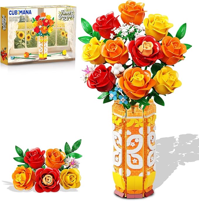 Flower Bouquet Building Set with Vase & LED Light, Yellow, Orange and Red Roses 3.6MM Mini Botanical Building Block Toys, Gifts for Friends, Artificial Flowers for Office Home Decor & Display