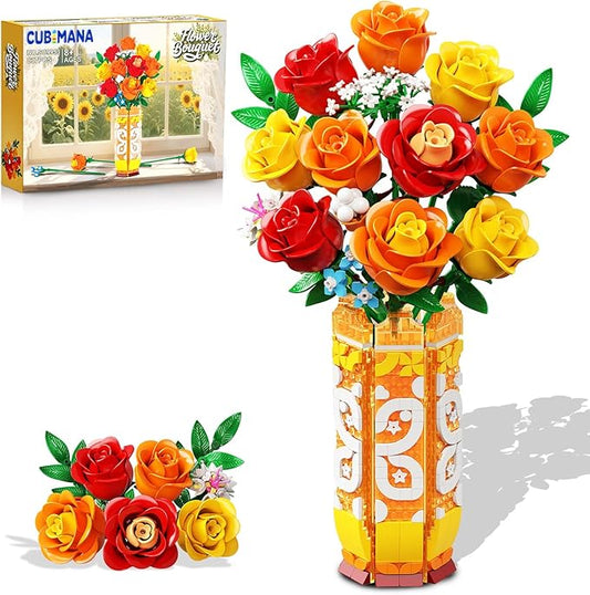 Flower Bouquet Building Set with Vase & LED Light, Yellow, Orange and Red Roses 3.6MM Mini Botanical Building Block Toys, Gifts for Friends, Artificial Flowers for Office Home Decor & Display