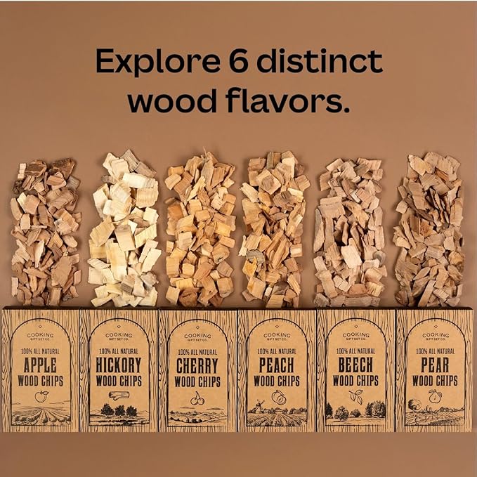 Large Wood Smoking Chips for Smoker - 6 Flavor Variety Pack of Natural Wood Chips - Apple, Hickory, Cherry, Peach, Beech, and Pear - Grilling Accessories for Smoker Grill, Charcoal and Gas Grill