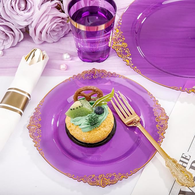Hioasis 210pcs Purple and Gold Plastic Plates - Elegant Disposable Dinnerware Set Suitable for 30 Guests Include 10.25 Dinner & 7.5 Dessert Plates, Pre Rolled Silverware Set, Cups for Party & Wedding