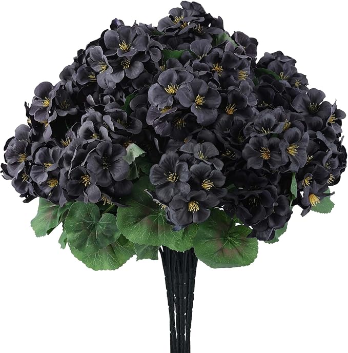 Hananona 6 Bundles Artificial Geranium Flowers for Outdoors Black Silk Geranium Flowers Outdoor UV Resistant Plants Faux Black Flower for Home Kitchen Halloween Table Centerpieces Decor (6, Black)