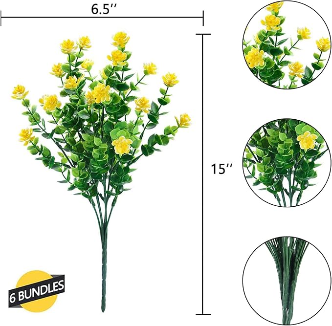 GREENRAIN Artificial Flowers Outdoor Fake Flowers for Decoration UV Resistant No Fade Faux Plastic Plants Garden Porch Window Box Décor (18 Bundles, 2#Yellow)