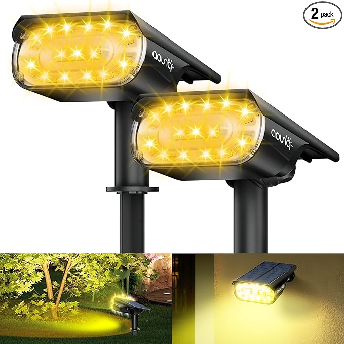 2 Pack Solar Spot Lights Outdoor 1000 Lumens, 64 LEDs IP67 Waterproof Landscape Lighting with 4 Modes - 2-in-1 Solar Spotlight & Pathway Light for Garden, Yard, Patio Decor, Warm White