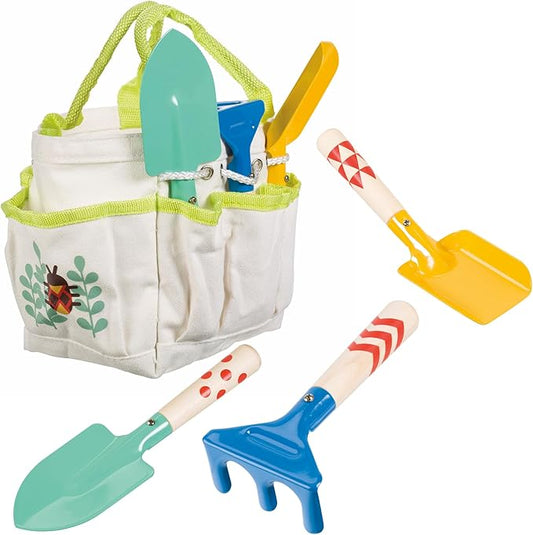 Beetle & Bee Kids Garden Tote Kit – Durable, Easy-to-Clean Gardening Tools Set - Includes Canvas Tote Bag, Hand Rake, Shovel & Trowel - Perfect Toddler Gardening Set
