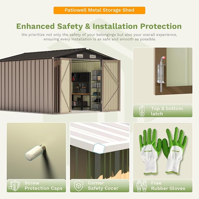 Patiowell 10 x 12 FT Metal Storage Shed for Outdoor with Floor Frame, Steel Yard Shed with Design of Lockable Doors, Utility and Tool Storage for Garden, Backyard, Patio, Outside use,Brown