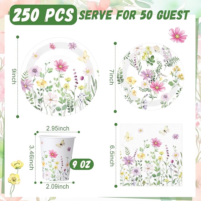 250 Pcs Wildflower Party Decorations Include Spring Summer Floral Paper Plates Napkins and Cups for Wildflower Baby Shower Tea Decorations, Serve 50 Guest(Watercolor,Fresh Style)