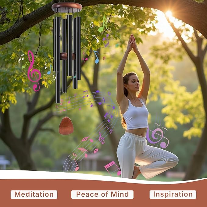 Aluminum Wind Chimes for Outdoor Garden and Yard with Soothing Deep Tones, Creates a Peaceful Ambiance with Sophisticated Wind Catcher, Ideal Calming Gift for Families (Black, 37 Inches)