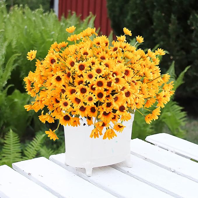 Uieke 24 Bundles Sunflowers Artificial Flowers Daisy Mums 24 Stems Fake Fall Flowers Outdoor UV Resistant No Fade Shrubs for Indoor Outside Home Wedding Office DIY Garden Fall Décor (Yellow)