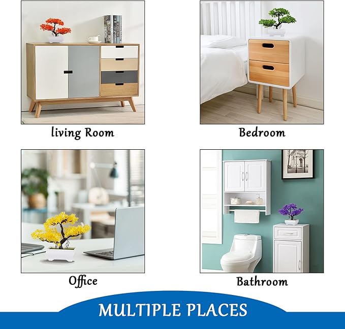 Mini Artificial Bonsai Tree Plants with Plastic Cement Pots for Home Office Décor (Yellow)