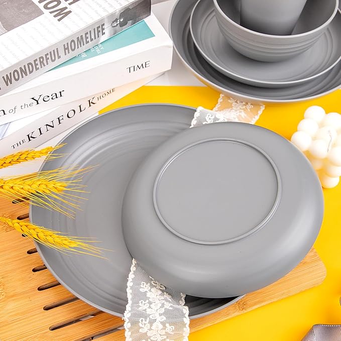 LIYH 48 Pcs Grey Plastic Wheat Straw Dinnerware Set - Plates and Bowls Sets, Camping Dish Set for 12, Unbreakable Dishwasher Safe Wheat Straw Plates Bowls Reusable 12 Guests