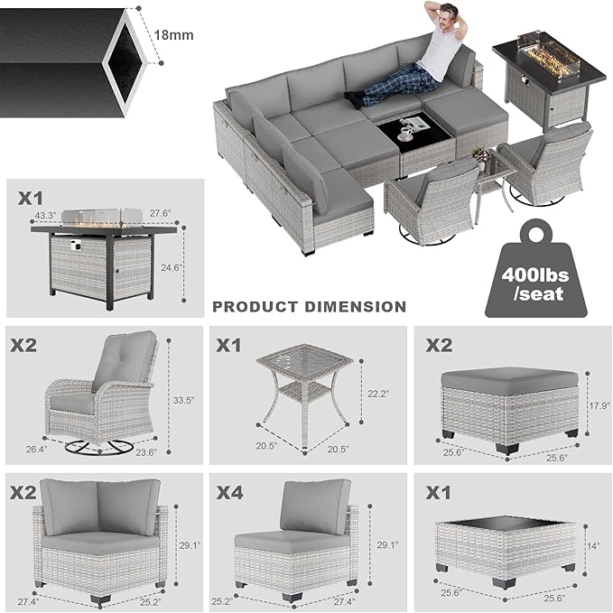13-Piece Patio Furniture Set, Outdoor Patio Furniture with Swivel Chairs Set, Ottomans, 55,000 BTU Fire Pit Table, Modular Patio Sofa, Dual-Strand Wicker Rattan, Rust-Resistant Frame, Grey