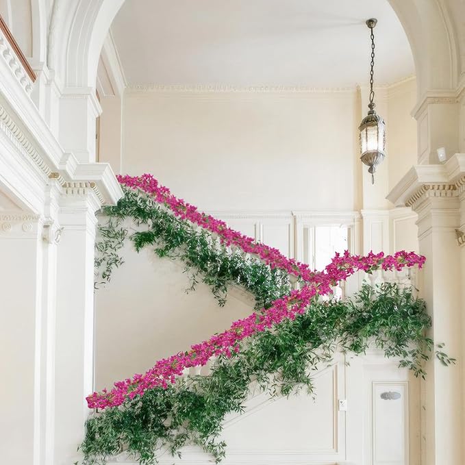 2 Pcs Bougainvillea Artificial Hanging Flowers Plants for Outdoors Fake Silk Bougainvillea Vines Fuchsia Artificial Flower Garland UV Resistant Faux Flowers for Planter Centerpieces Arch Decor