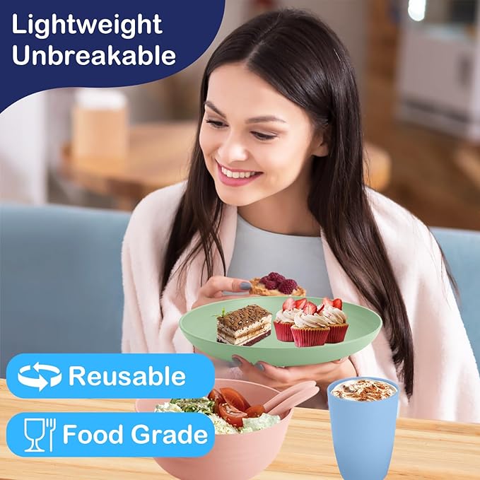 Wheat Straw Dinnerware Sets, Service for 4, Kitchen Plates and Bowls Sets with Dinner Plate/Cereal Bowl/Cup/Fork/Spoon, 20-Piece for Outdoor Camping, RV, Apartment Essentials - Colorful