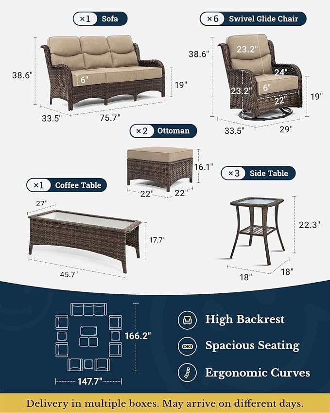 HILLGA Luxury Patio Furniture Set with 6-Inch Thick Cushions, High Back Outdoor Swivel Rocker Chairs and Patio Couch, 13-Piece All Weather Conversation Set for Porch Deck Pool Yard, Beige (V3)
