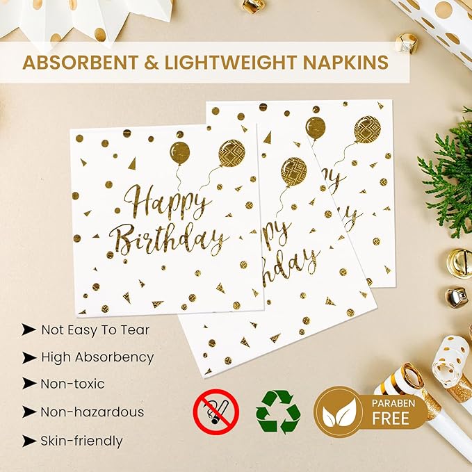 75PCS Happy Birthday Paper Plates - 7 Inch White Gold Dot Paper Plates and 6.5 Inch Napkins with 6.3 Inch Forks Disposable Tableware Set for Birthday Party Decorations, Serves 25