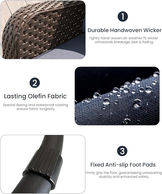 LayinSun 3 Piece Wicker Outdoor Furniture Set with 6-inch Comfy Cushions, High Back Patio Furniture Set with Swivel Rocking Chairs and Side Table