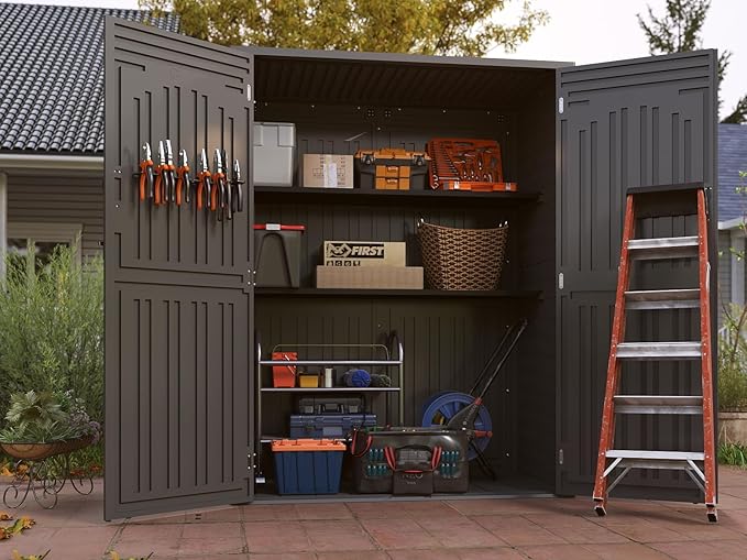 Vertical Resin Storage Shed, 60 Cuft Garden Tool Sheds & Outdoor Storage, Plastic Outdoor Storage Cabinet Waterproof, 4.5 x 2.3 ft Backyard Outside Lawn Mower Storage Shed, Grey