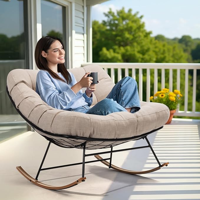 Bme Patio Rocking Chair Outdoor & Indoor, Beige Cushion - Wood Texture Rocker, Metal Patio Lounge Rocking Chair with Thick Cushion, Comfy Modern Rocker Chair for Living Room, Porch, Backyard