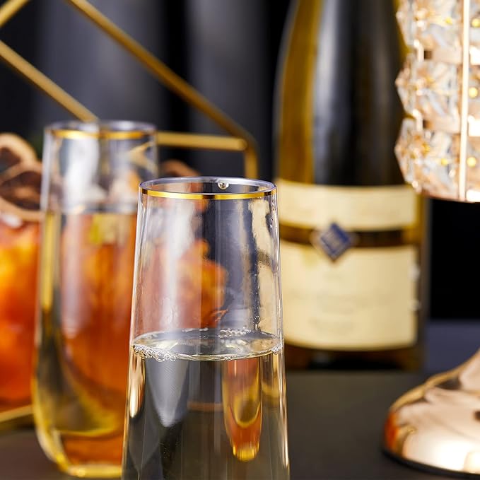 N9R 24PCS Plastic Champagne Flutes, 9 Oz Stemless Disposable Gold Rim Toasting Glasses, Crystal Clear Cocktail Cups Drinkware Shatterproof Ideal for Party Wedding Birthday