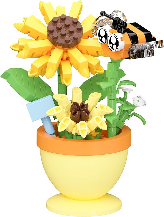 Bee Sunflower Mini Flower Cute Insects Potted Plant Bonsai Building Toy Blocks Particle Set Small Flowers Botanical