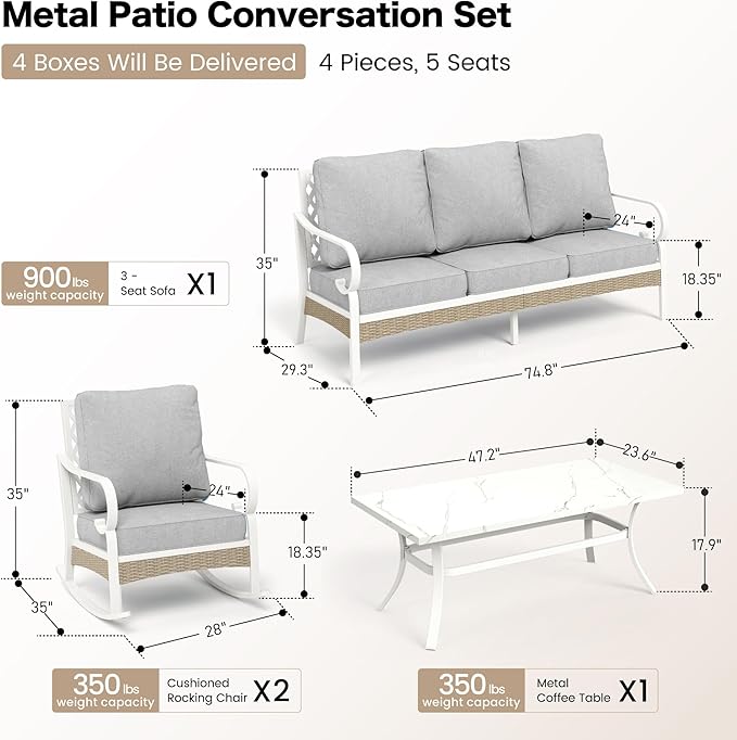 4 PCS Metal Outdoor Patio Furniture Set, Patio Conversation Set 1 3-Seater Sofa, 2 Rocking Chairs with 5.75" Extra Thick Cushion and Coffee Table, White Frame Backyard Furniture, Gray