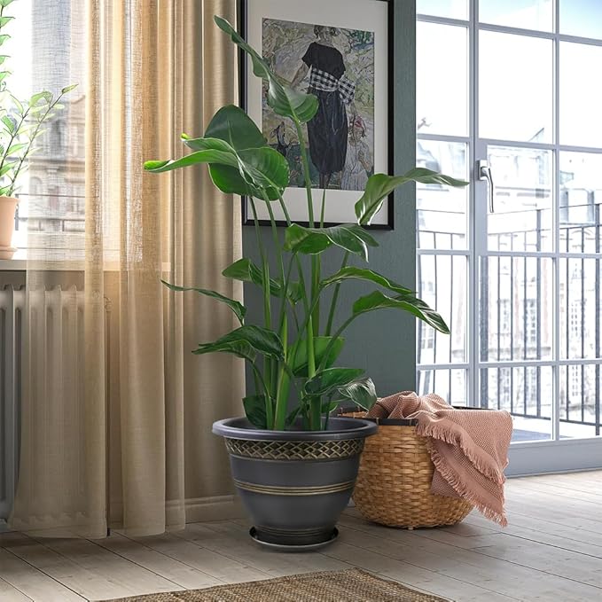 4 Pack 16 Inch Large Plant Pots, Plastic Flower Pot for Indoor & Outdoor with Drainage Holes & Saucer, Plaid Pattern Planters Garden Pots for Herbs Gold