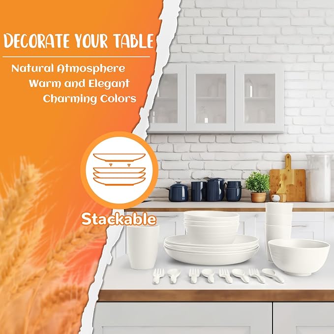 Wheat Straw Dinnerware Sets Service for 4 - Plates and Bowls Sets 20-Piece with Dinner Plate, Cereal Bowls and Cups, Microwave & Dishwasher Safe - White