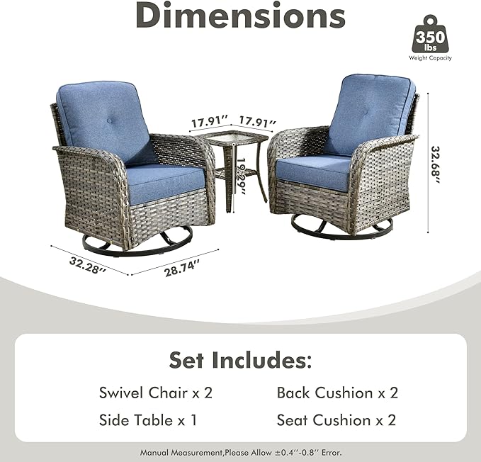 3-Piece Swivel Rocking Rattan Chair Outdoor, Patio Bistro Furniture Conversation Set, Wicker Chair with Coffee Table Blue