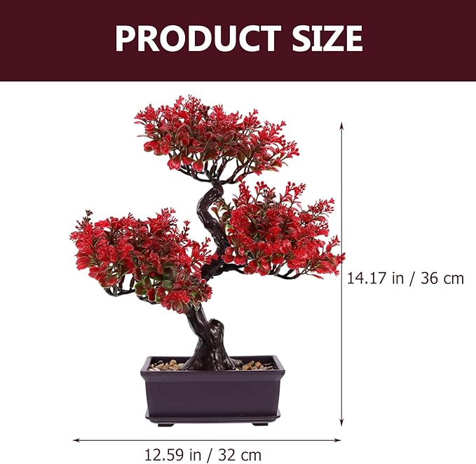 Cabilock Artificial Bonsai Tree, Fake Potted Bonsai Plants Decoration, Desktop Realistic Welcoming Pine Ornament for Home Office Entryway Chests Decor, Red