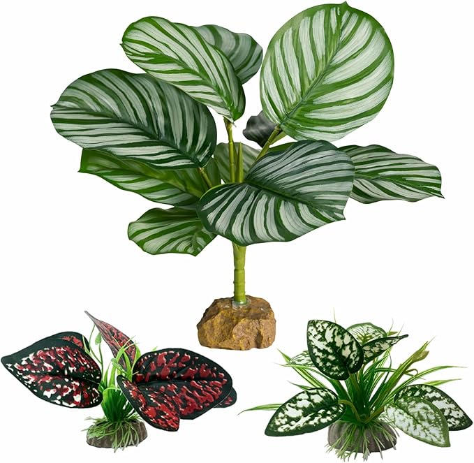 Reptile Artificial Plants, Big Terrarium Plants Decorations Supplies, Aquarium Fish Tank Plants, Amphibian Habitat Hideout Tank Accessories(L Set-3pcs/G)